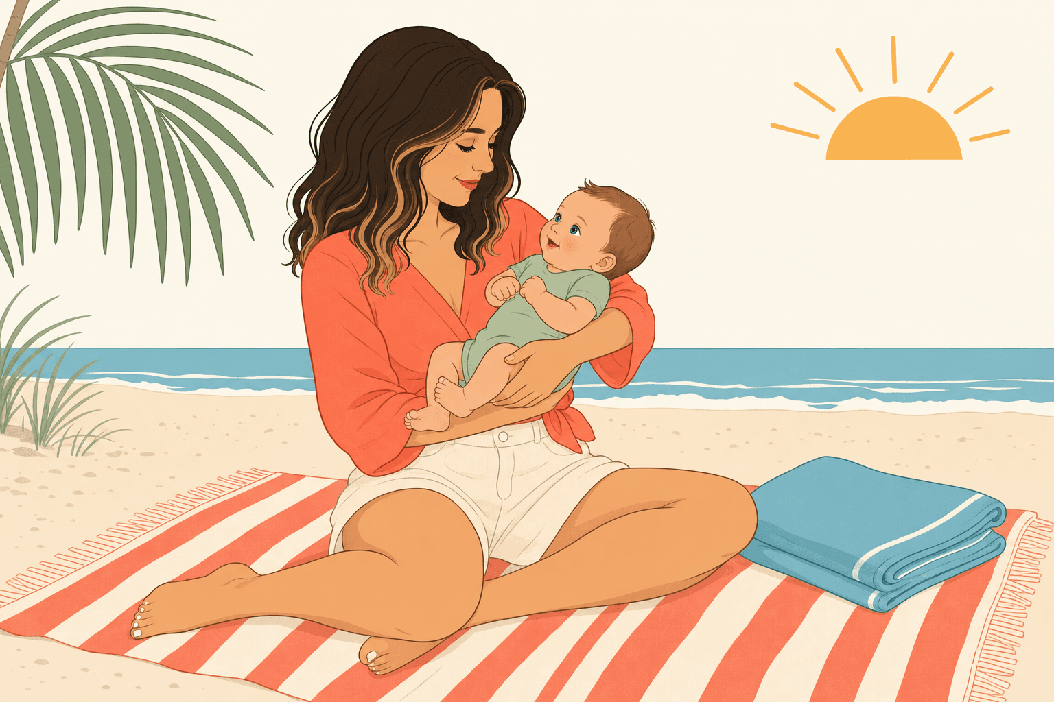 Carol Anne holding baby Roy on a beach blanket at Wrightsville
