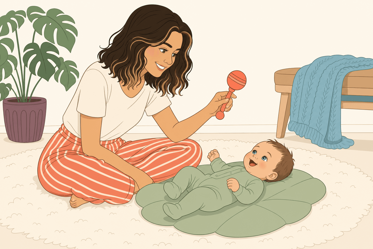 Carol Anne making baby Roy laugh on the nursery play mat