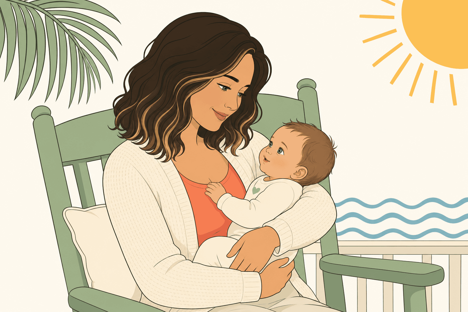 Carol Anne cradling baby Roy in a sage-green porch rocker