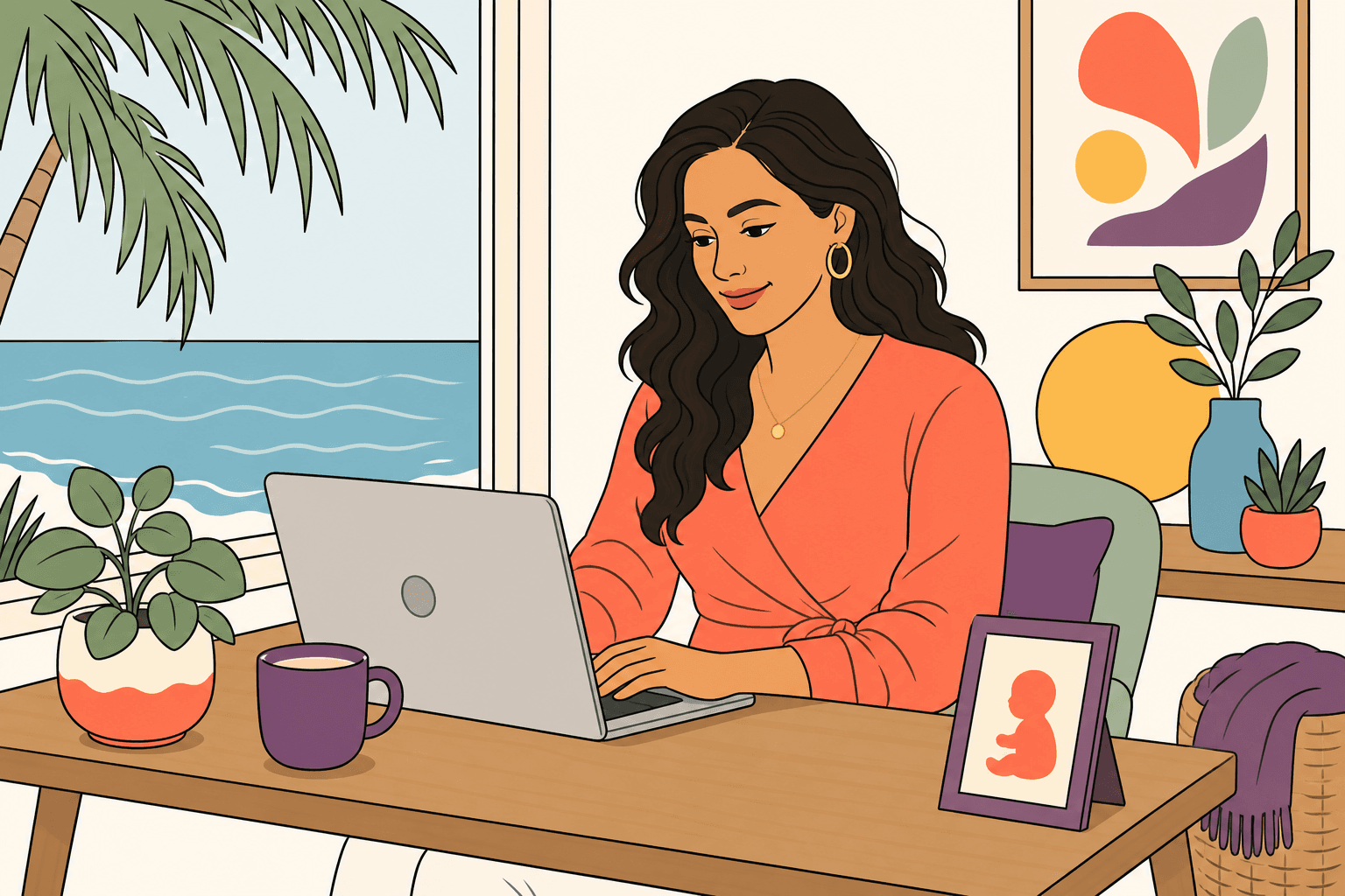Wilmomma co-founder Erin at her desk with a laptop and a baby photo
