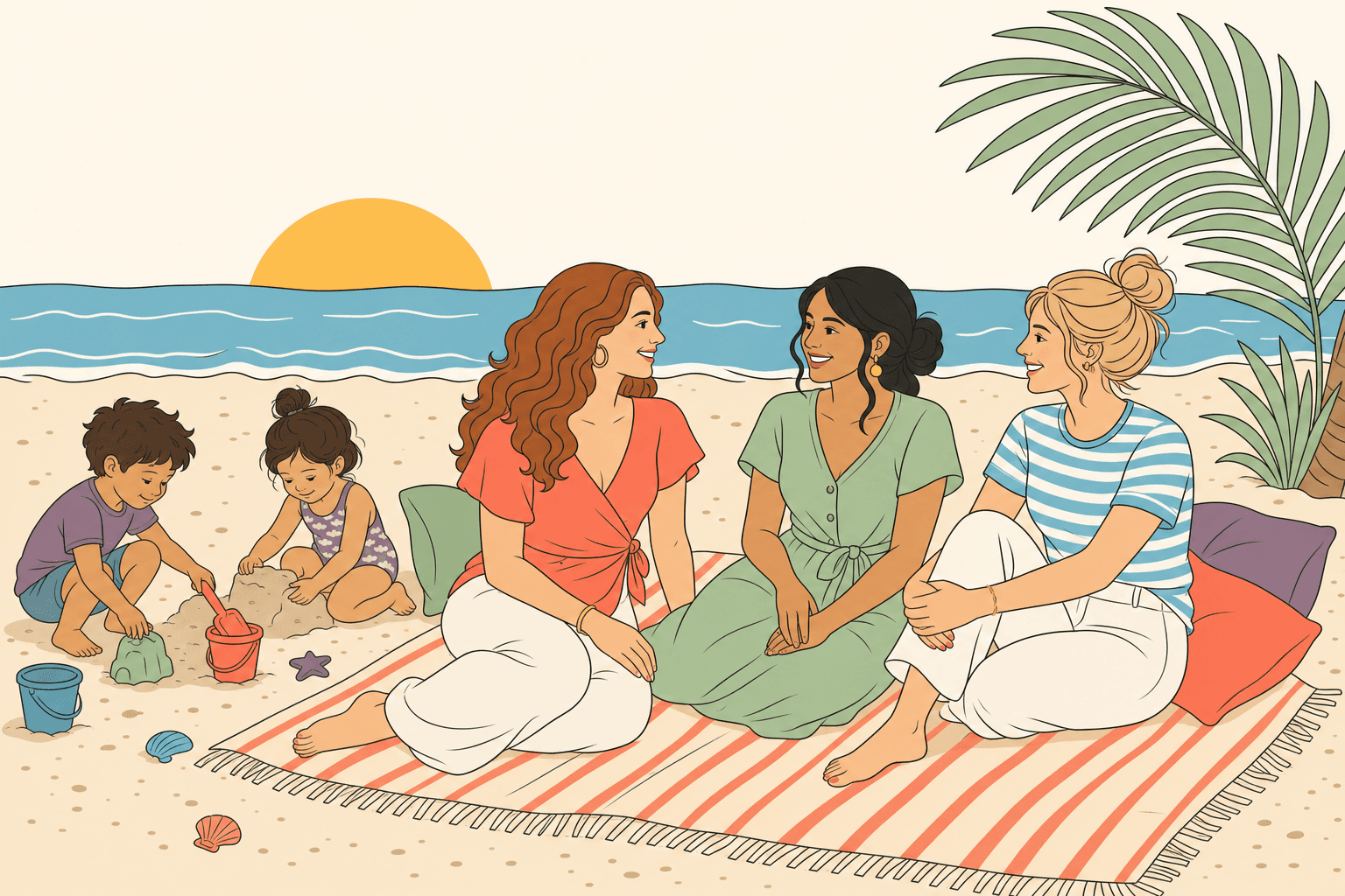 Three Wilmington moms on beach blankets with kids playing nearby